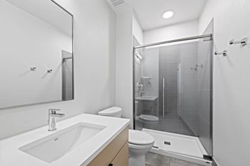 A modern bathroom with a white sink and a walk-in shower.